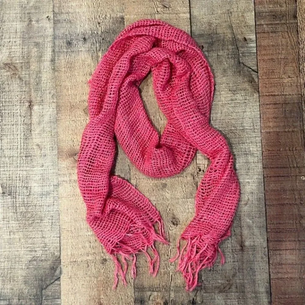 Yak Mountain Looms 100% Silk Scarf Pink Open Weave with Fringe Ends